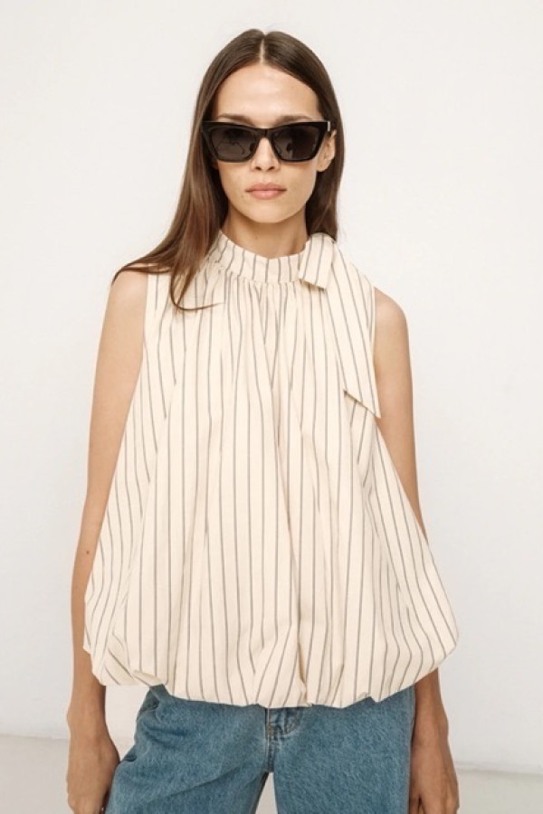 BALLOON STRIPED TOP WITH TIE NECK VANILLE VANYA