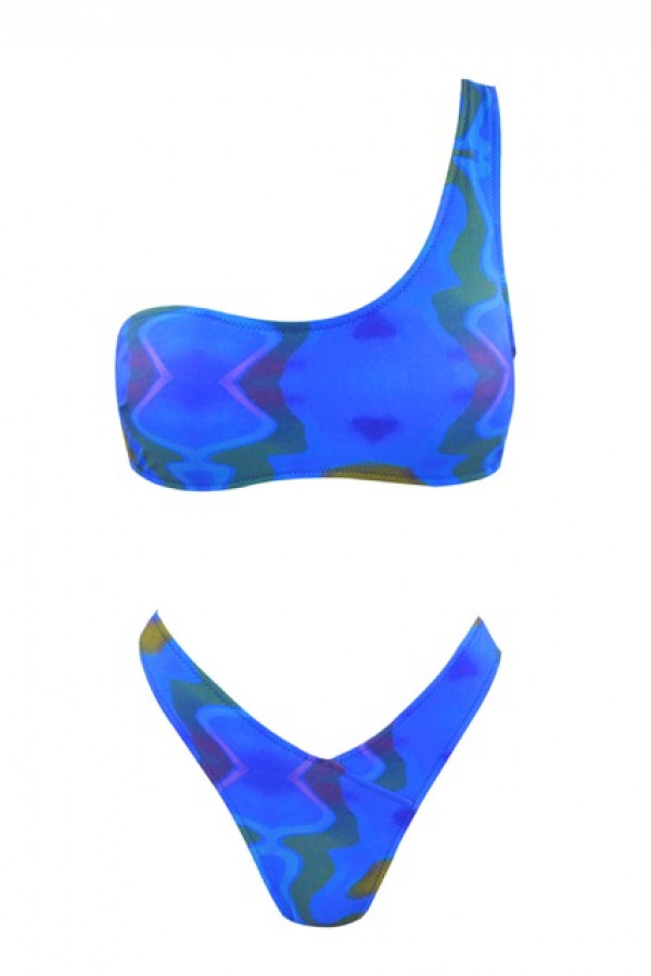 BLUE ABSTRACT ONE SHOULDER BIKINI