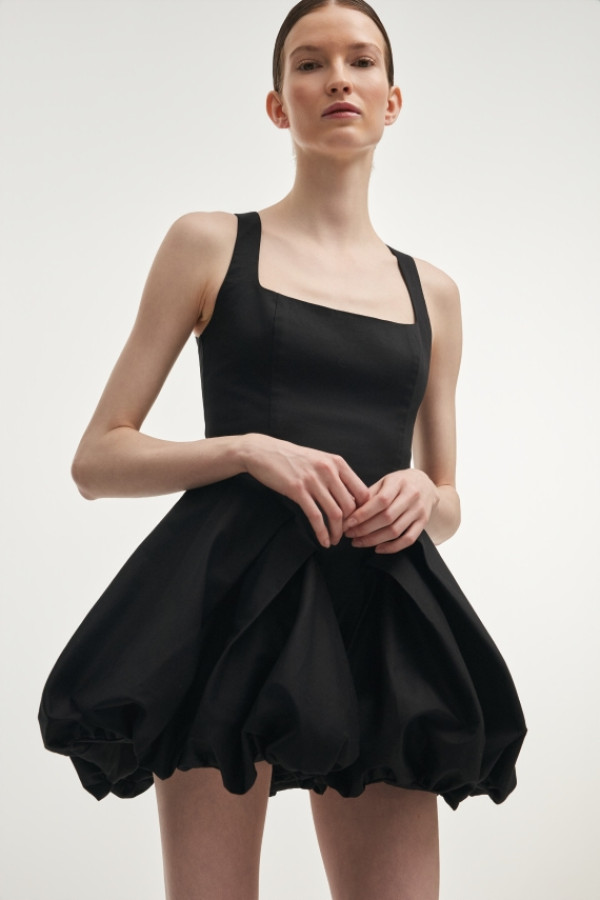 HIBISCUS BUBBLE MINI POPLIN DRESS BLACK